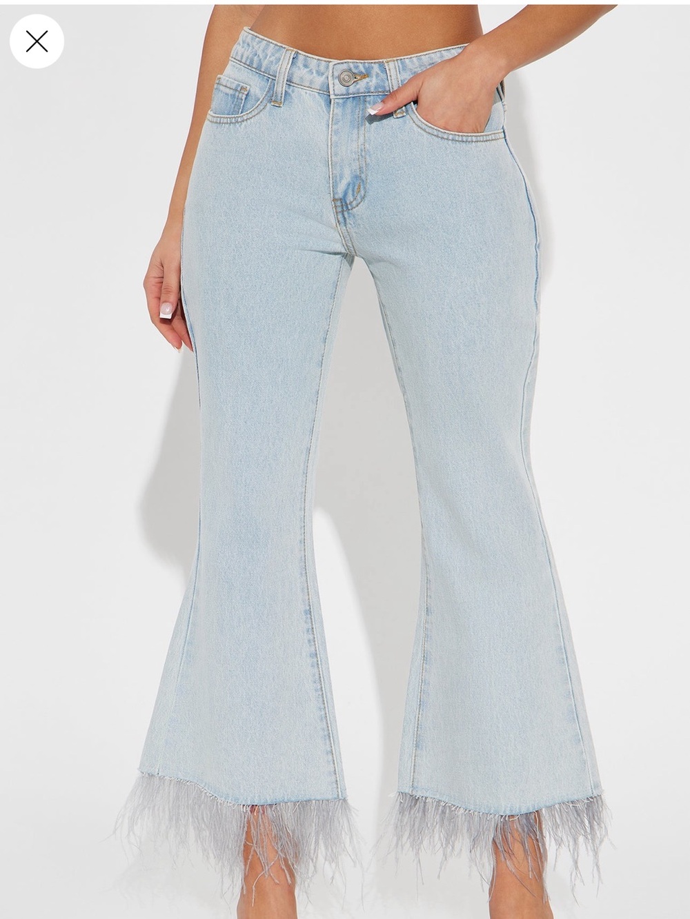 Fashion Nova Light Blue Feather-Hem Flared Jeans